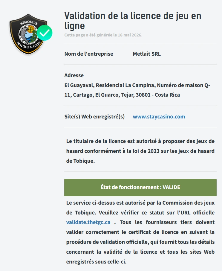 Stay Casino validation de licence de jeu en ligne avec Metlait SRL